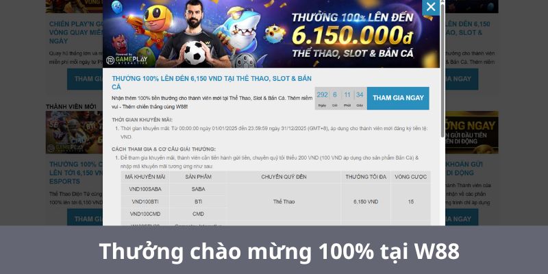 Thưởng chào mừng 100% tại W88